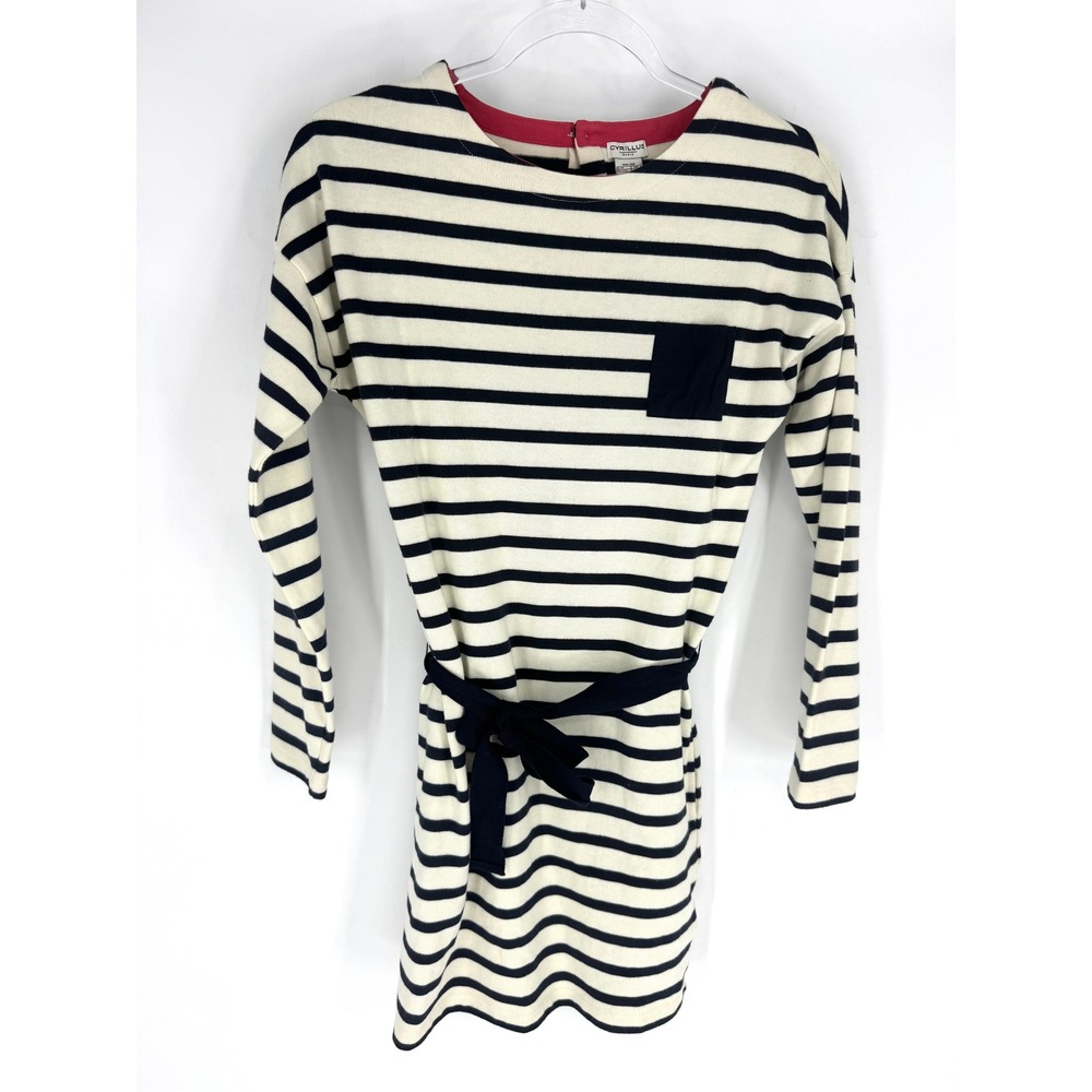 Cyrillus Paris Girls Ecru Marine Striped Long Sleeve Cotton Dress Size 14